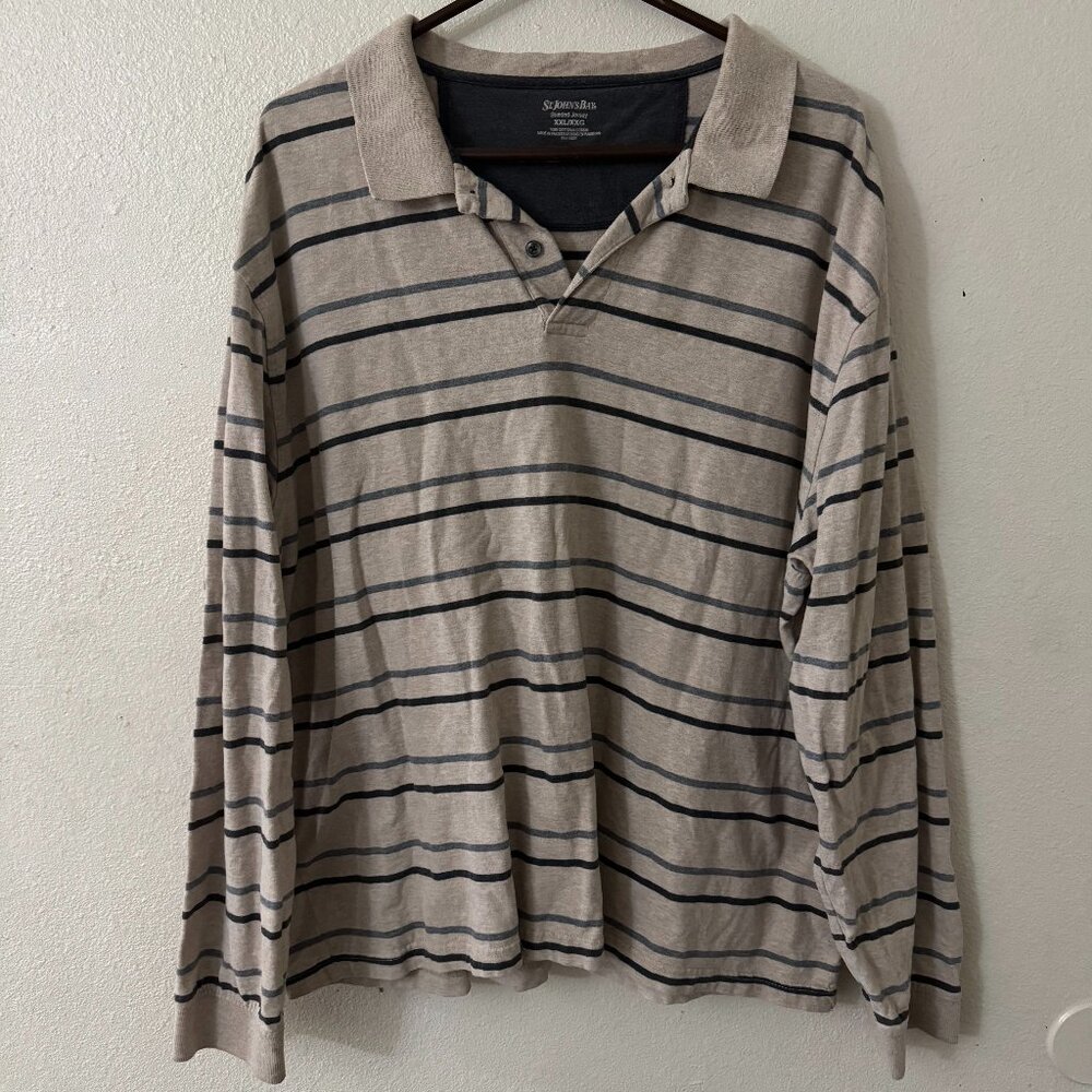 St. John s Bay Polo Shirt Men s Size XL Beige Gray Stripe Sueded Jersey